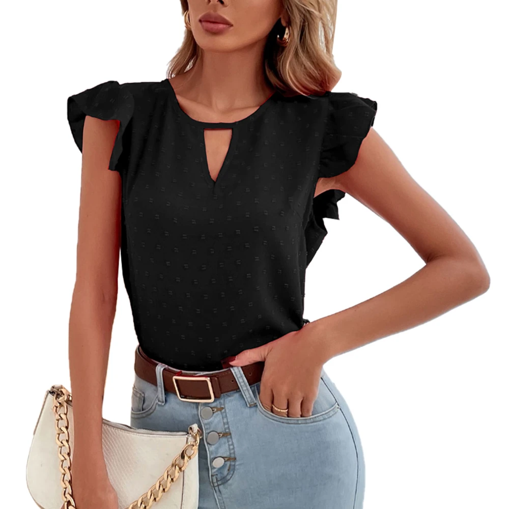 Women Ruffle Short Sleeve Shirts Summer Fashion Dot Loose Women Cutout Short Sleeve Blouses Tops for Daily Work Travel Black M