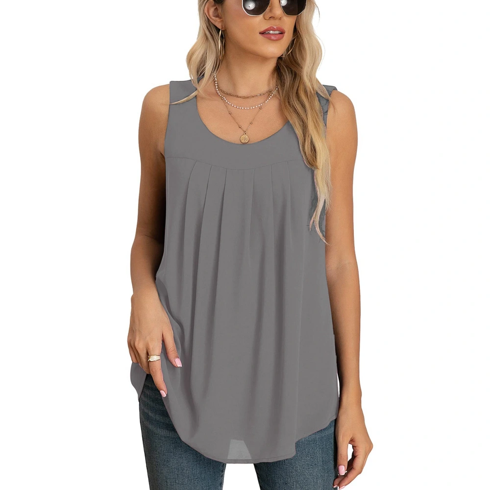 Women Chiffon Tank Top Round Collar Front Pleated Loose Fitting Irregular Hem Summer Sleeveless Vest Grey L