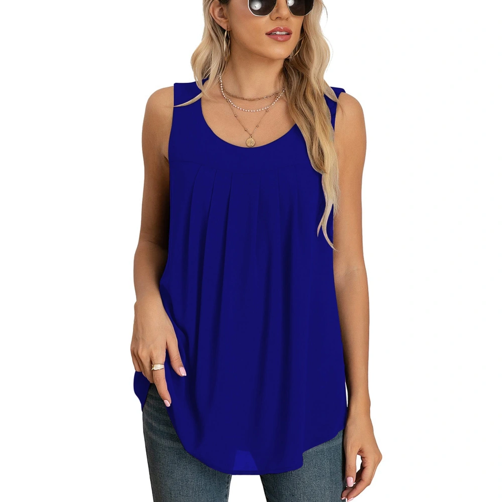 Women Chiffon Tank Top Round Collar Front Pleated Loose Fitting Irregular Hem Summer Sleeveless Vest Blue XL