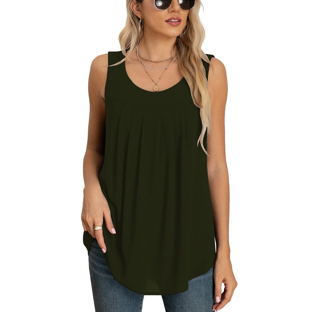 Women Chiffon Tank Top Round Collar Front Pleated Loose Fitting Irregular Hem Summer Sleeveless Vest OD Green L