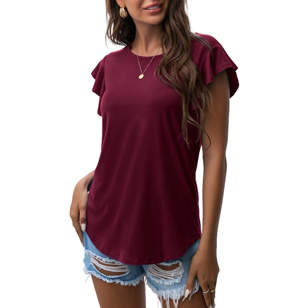 Women Ruffle Sleeve T Shirt Crew Neck Loose Fitting Pure Color Casual Blouse for Summer Wine Red XL