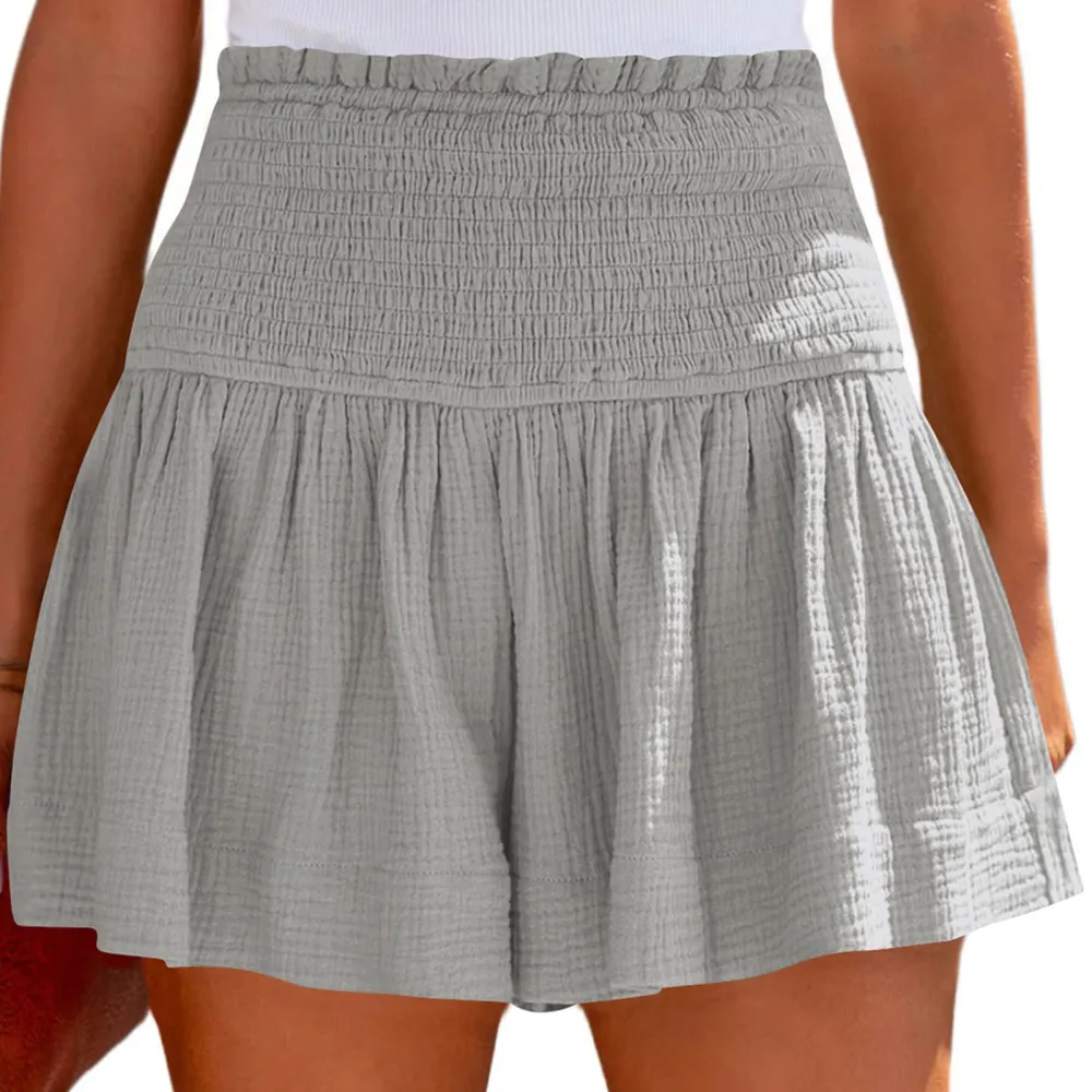 Shirred Shorts Plain Color Cotton High Elastic Waisted Pleated Ruffle Flowy Casual Shorts Grey L