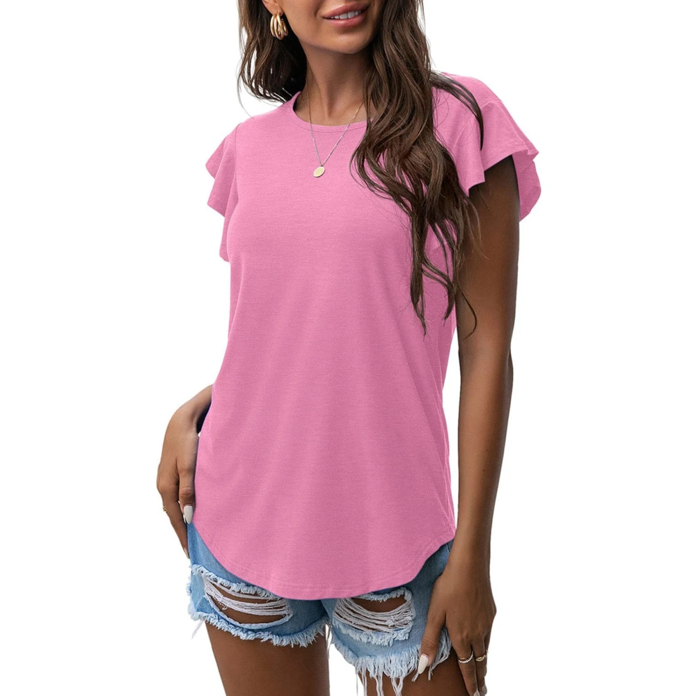 Women Ruffle Sleeve T Shirt Crew Neck Loose Fitting Pure Color Casual Blouse for Summer Pink L