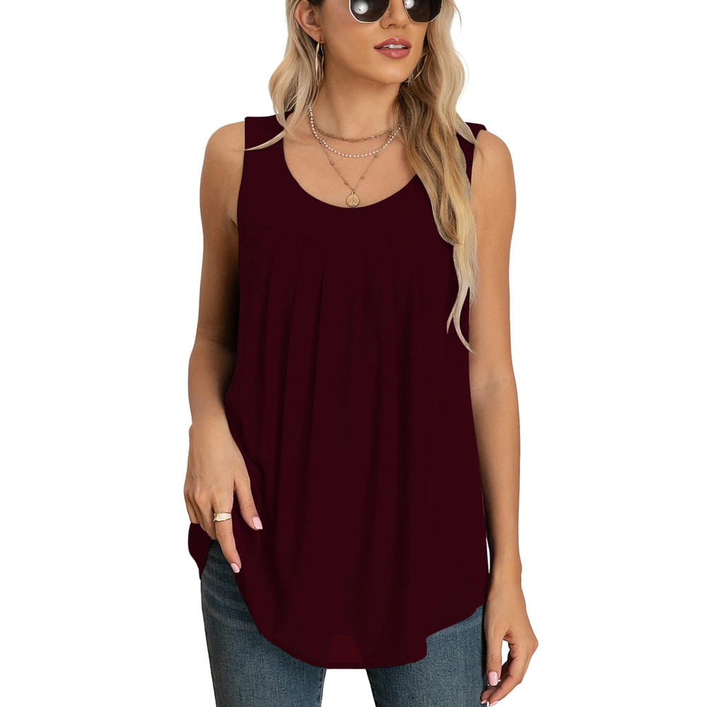 Women Chiffon Tank Top Round Collar Front Pleated Loose Fitting Irregular Hem Summer Sleeveless Vest Wine Red XL