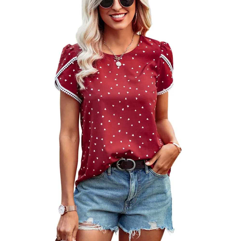 Women V Neck T Shirt Short Petal Sleeves Loose Fitting Printed Casual Blouses for Summer Red Heart S