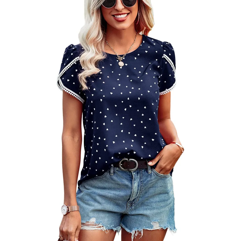 Women V Neck T Shirt Short Petal Sleeves Loose Fitting Printed Casual Blouses for Summer Purplish Blue Heart L