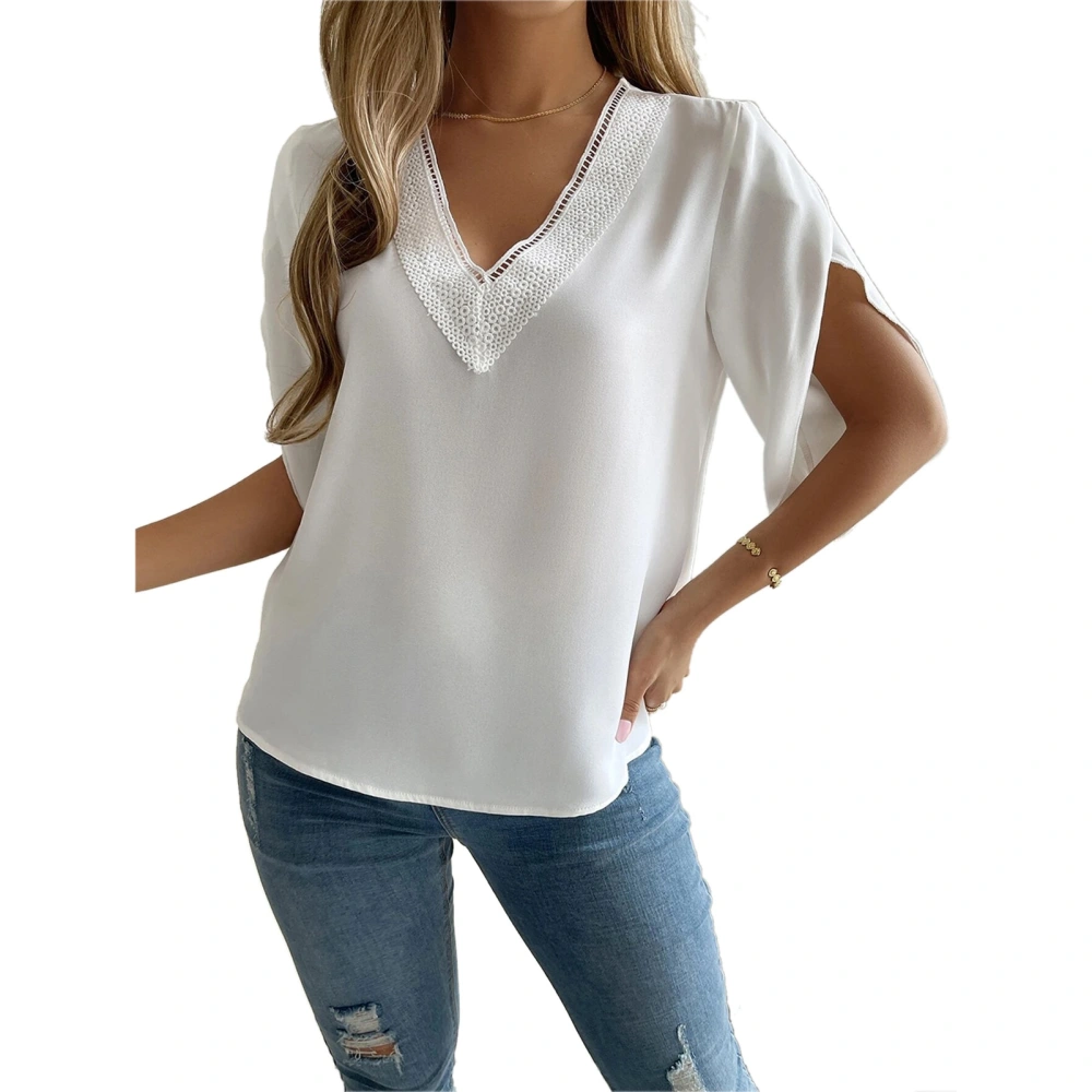 Petal Sleeve Blouse Polyester V Neck Loose Comfortable Casual Women Summer Top for Shopping Dating White L