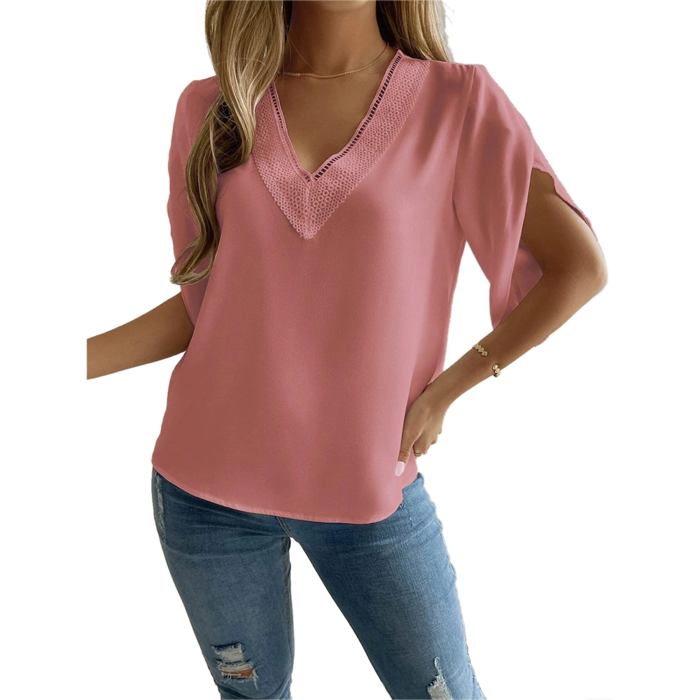 Petal Sleeve Blouse Polyester V Neck Loose Comfortable Casual Women Summer Top for Shopping Dating Pink L