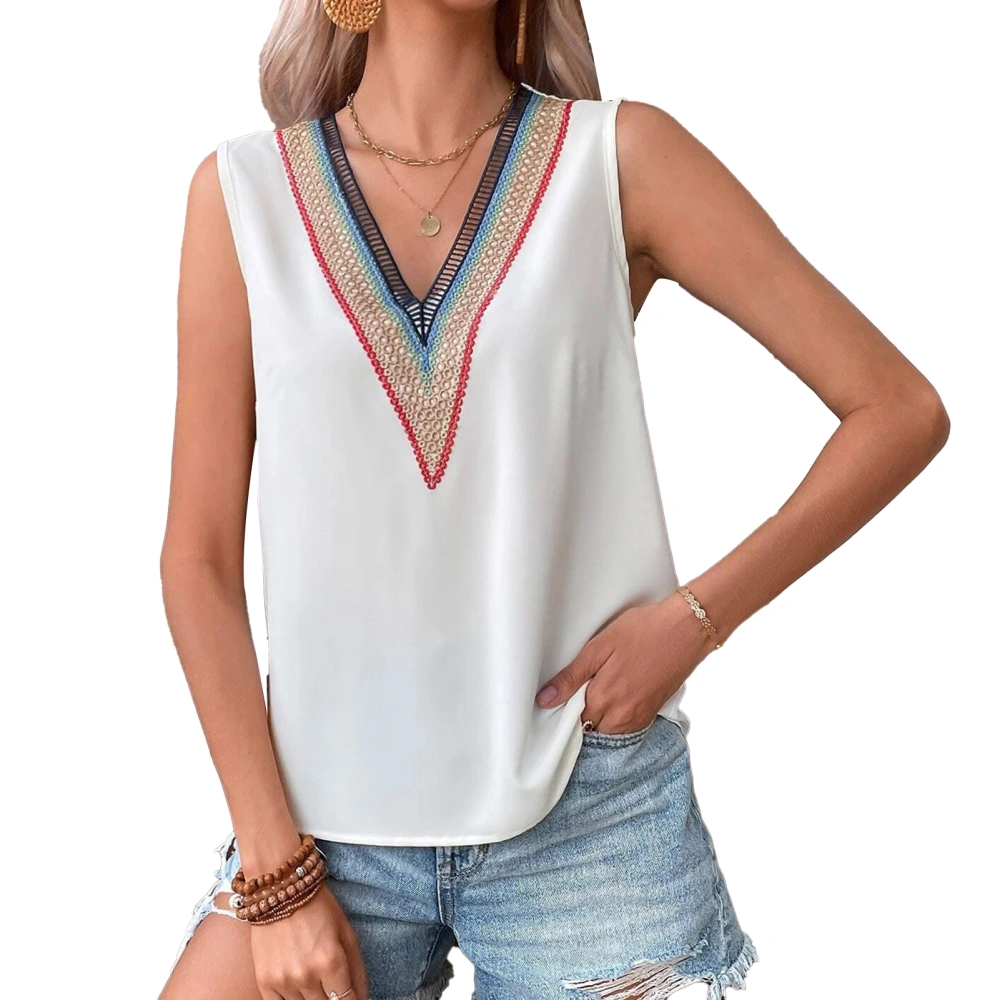 Women Sleeveless Tank Top V Neck Lace Skin Friendly Comfortable Casual for Shopping Office School Vacation White S