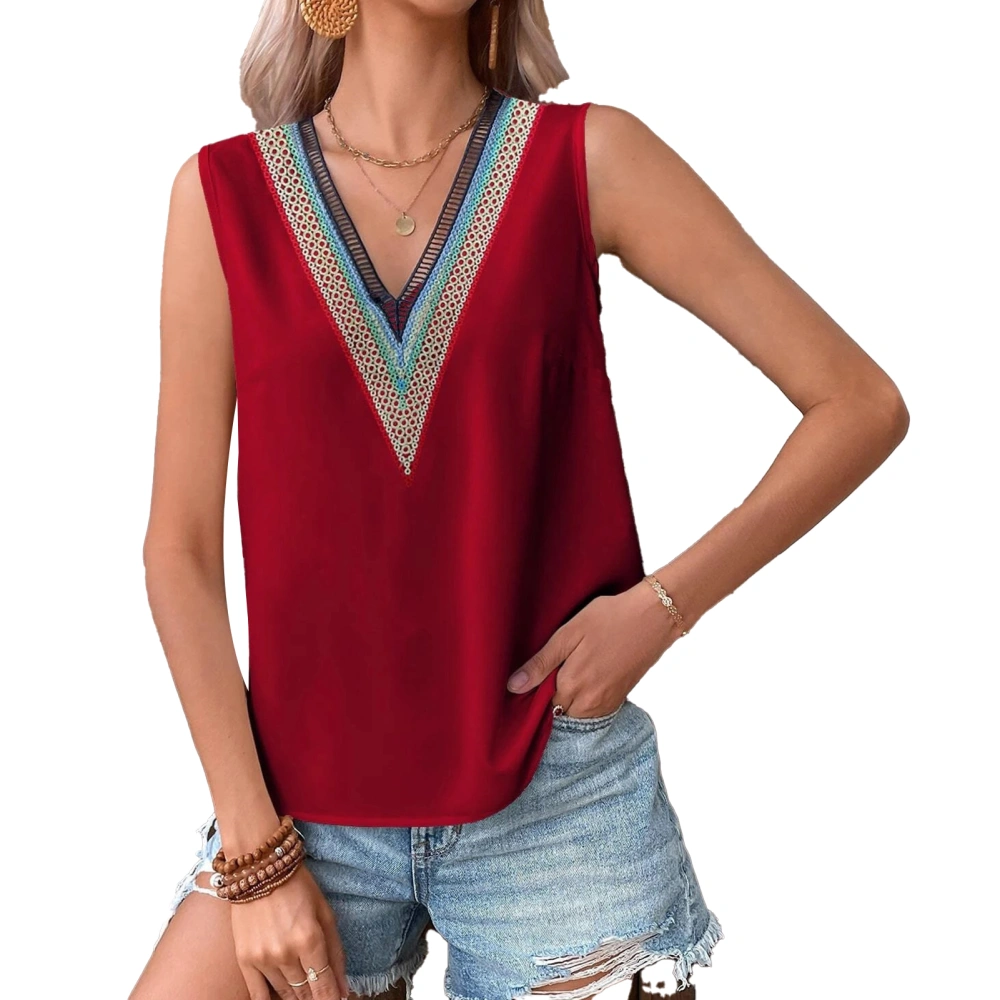 Women Sleeveless Tank Top V Neck Lace Skin Friendly Comfortable Casual for Shopping Office School Vacation Red S