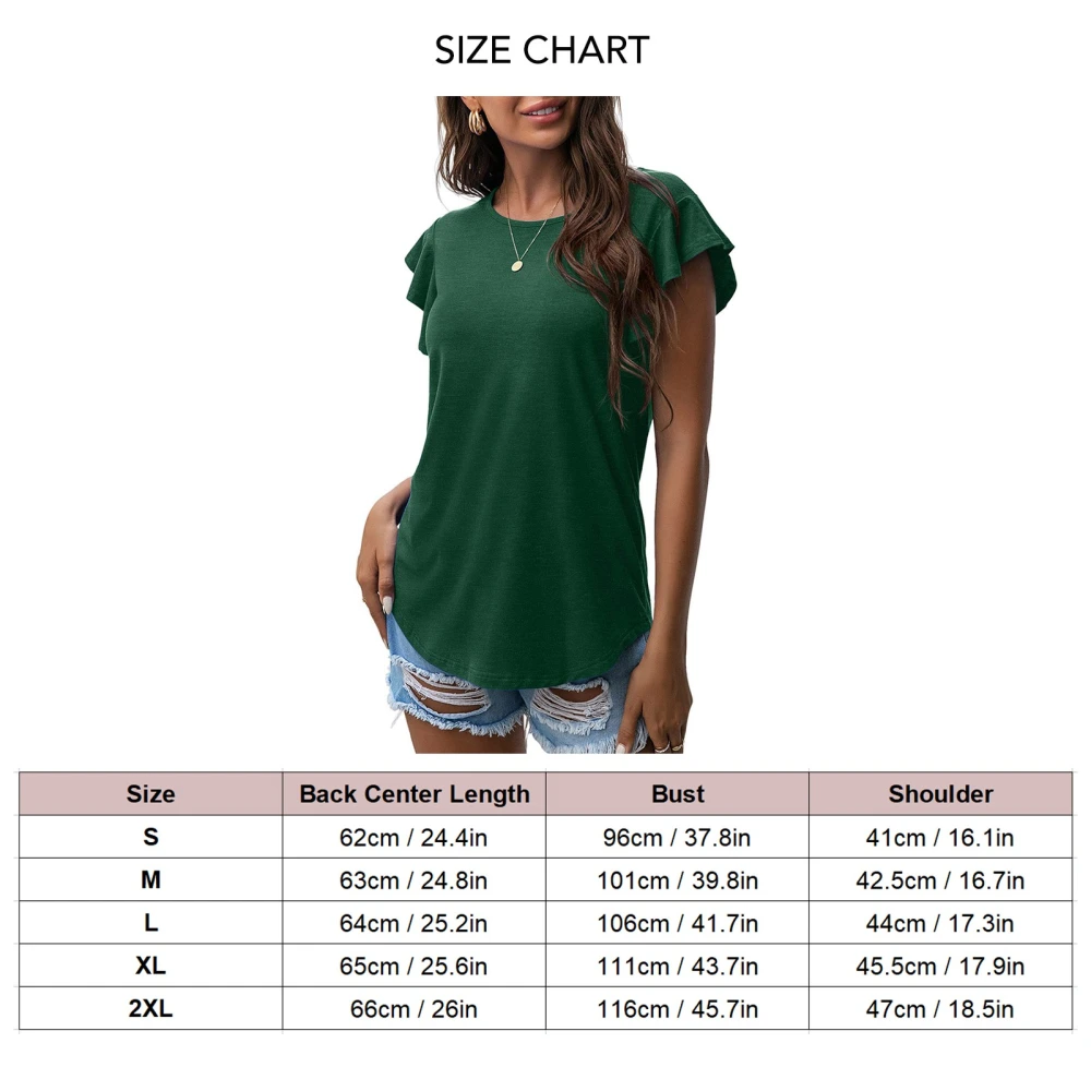 Women Ruffle Sleeve T Shirt Crew Neck Loose Fitting Pure Color Casual Blouse for Summer Green XL