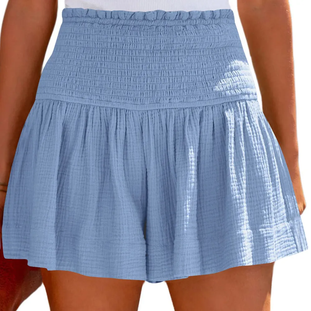 Shirred Shorts Plain Color Cotton High Elastic Waisted Pleated Ruffle Flowy Casual Shorts Light Blue S