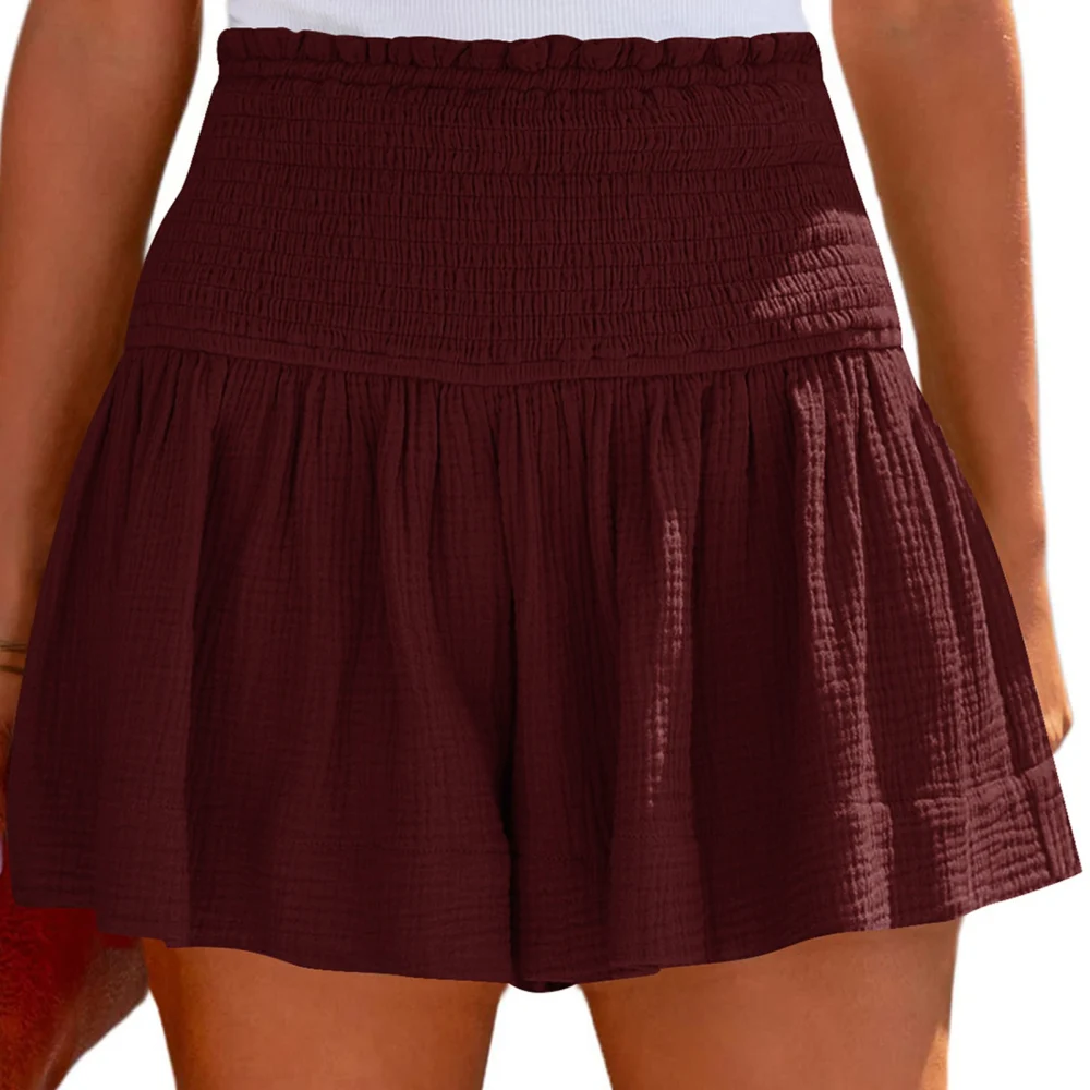 Shirred Shorts Plain Color Cotton High Elastic Waisted Pleated Ruffle Flowy Casual Shorts Burgundy XL