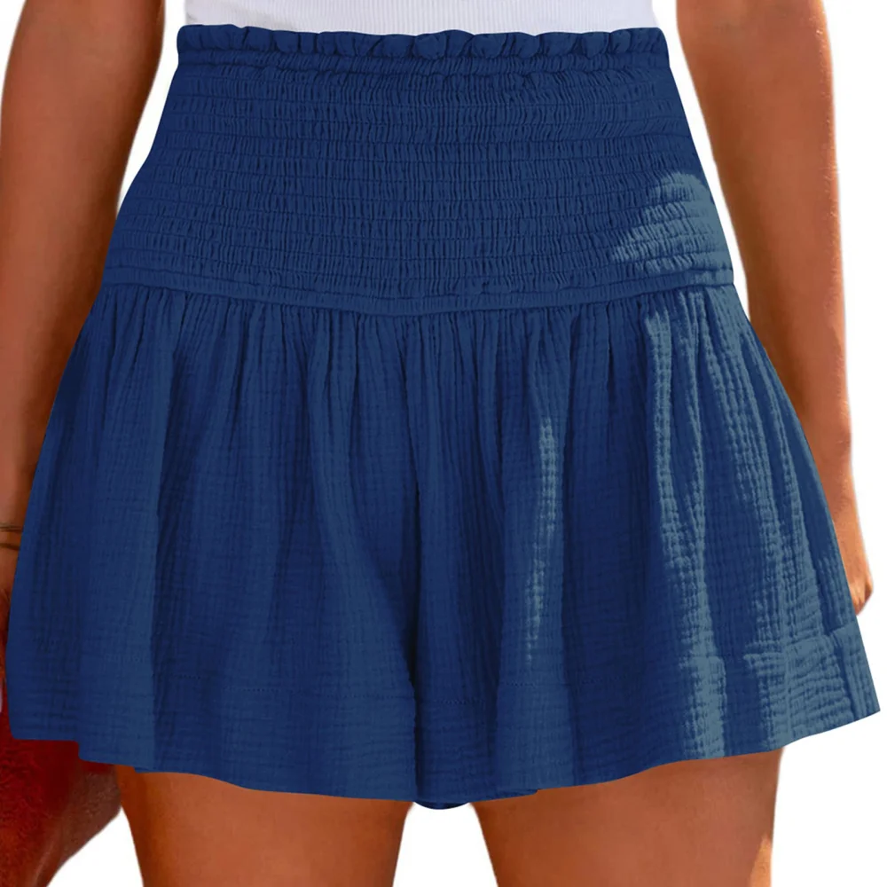 Shirred Shorts Plain Color Cotton High Elastic Waisted Pleated Ruffle Flowy Casual Shorts Blue XL