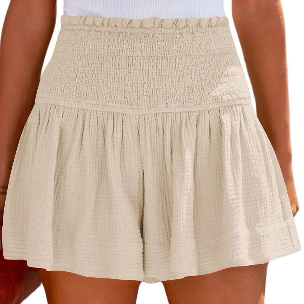 Shirred Shorts Plain Color Cotton High Elastic Waisted Pleated Ruffle Flowy Casual Shorts Apricot XXL