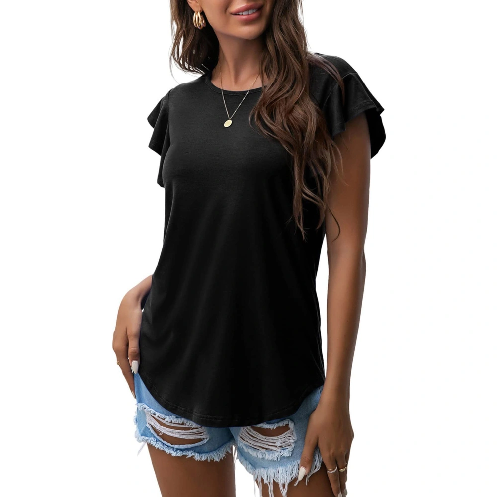 Women Ruffle Sleeve T Shirt Crew Neck Loose Fitting Pure Color Casual Blouse for Summer Black XL