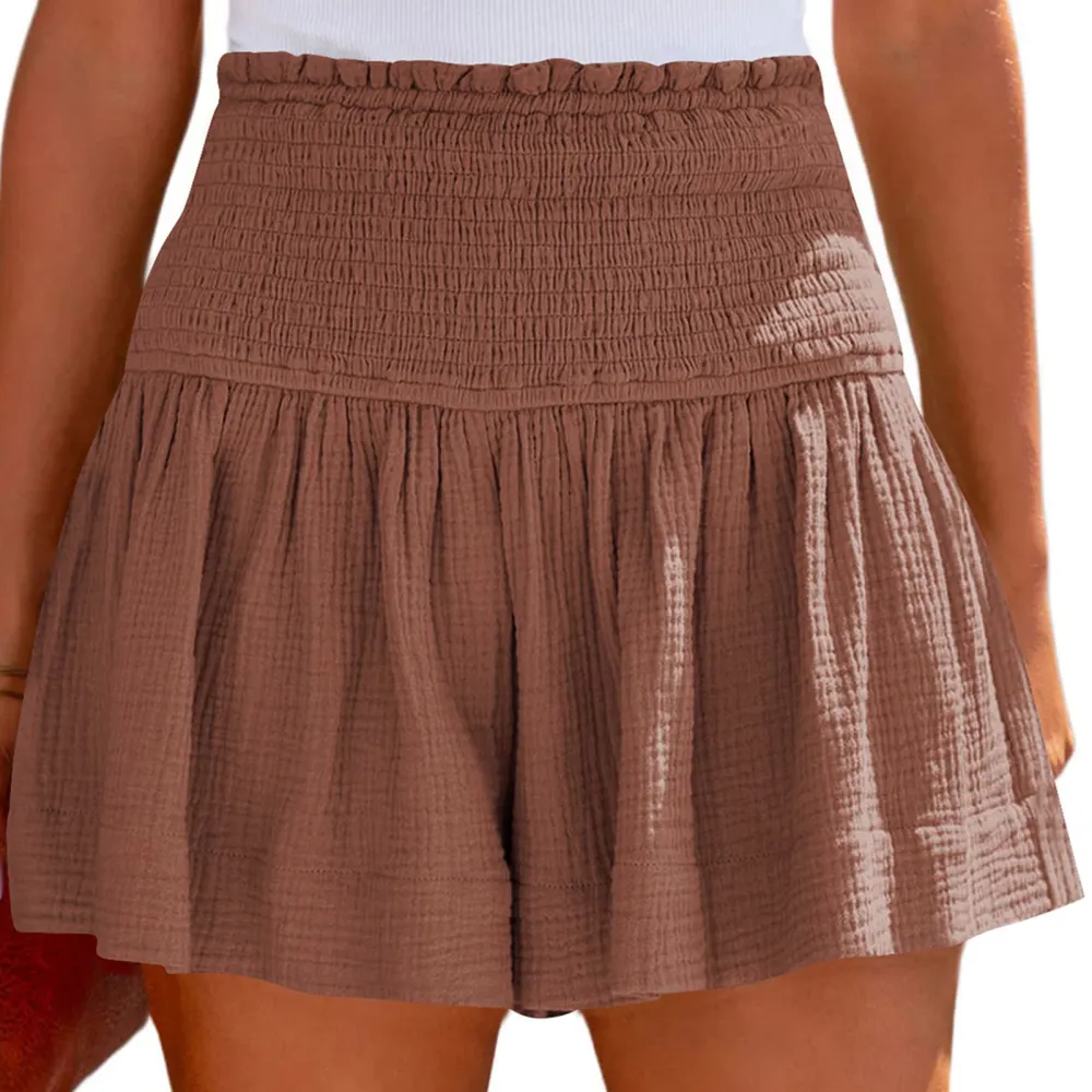 Shirred Shorts Plain Color Cotton High Elastic Waisted Pleated Ruffle Flowy Casual Shorts Peachy Beige M