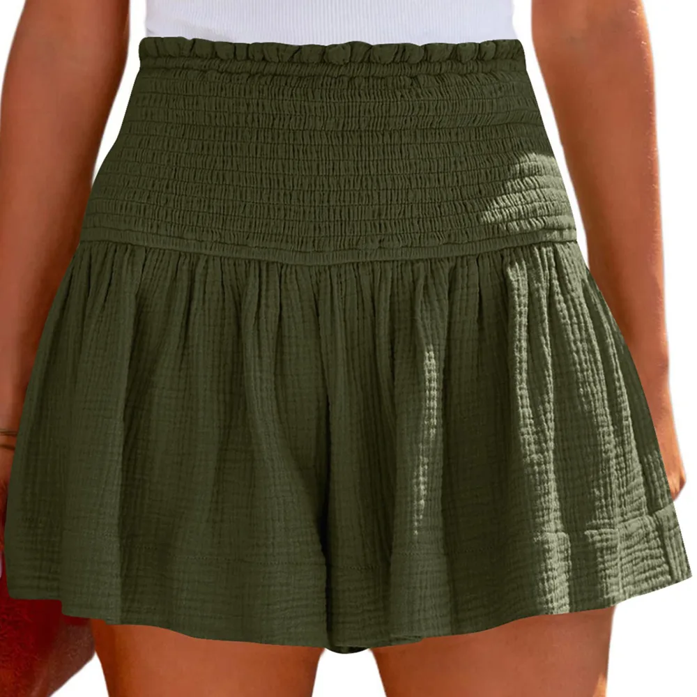 Shirred Shorts Plain Color Cotton High Elastic Waisted Pleated Ruffle Flowy Casual Shorts OD Green XL