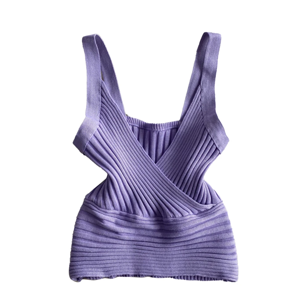 Sleeveless Front Cross Wrap Top Fashionable Pure Color Women V Neck Crossover Top for Daily Party Purple L