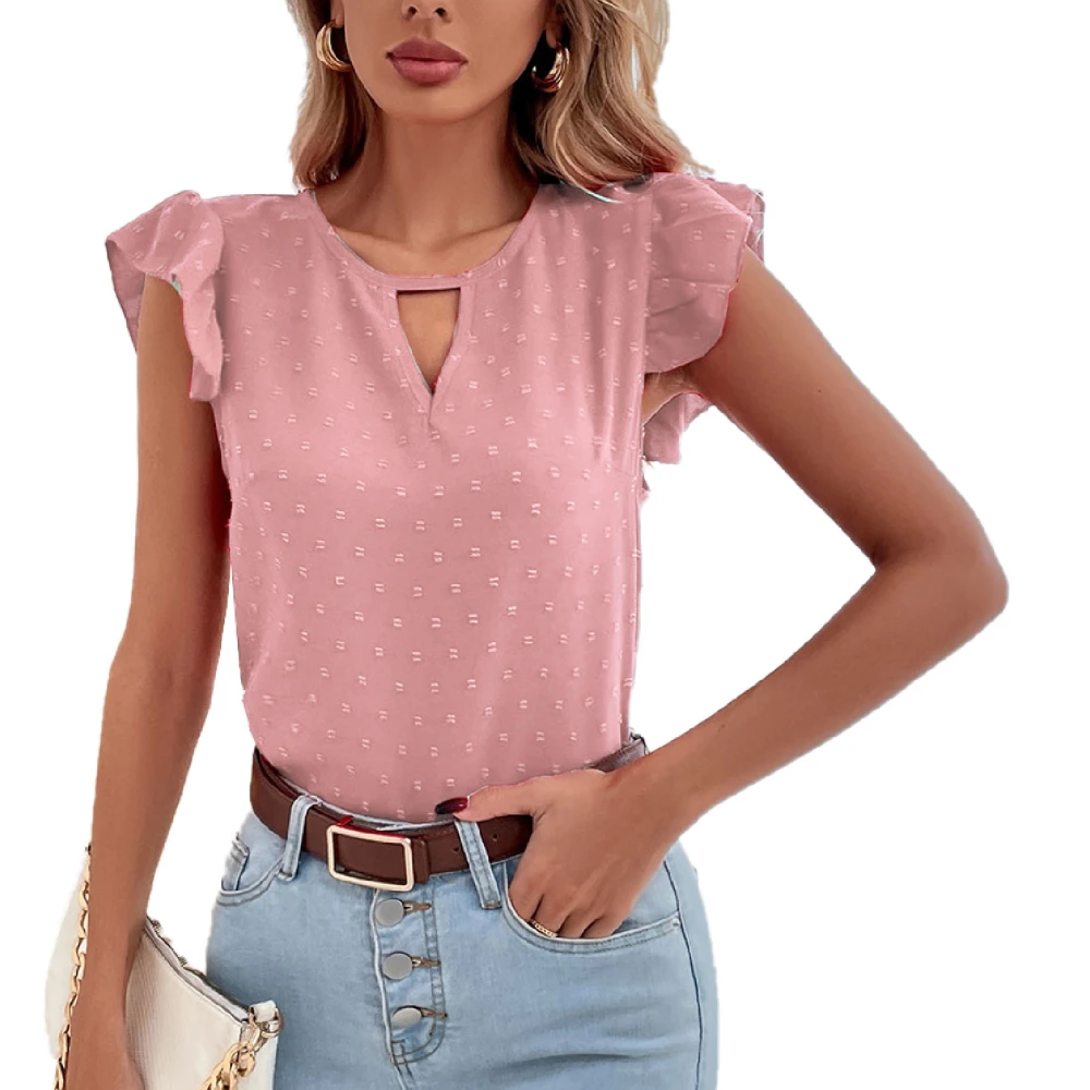 Women Ruffle Short Sleeve Shirts Summer Fashion Dot Loose Women Cutout Short Sleeve Blouses Tops for Daily Work Travel Pink L