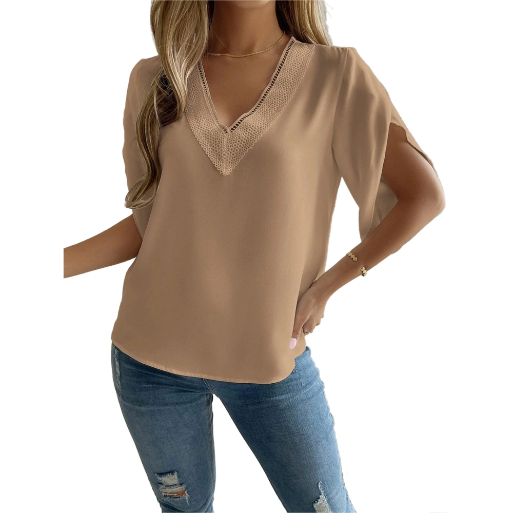 Petal Sleeve Blouse Polyester V Neck Loose Comfortable Casual Women Summer Top for Shopping Dating Apricot XL