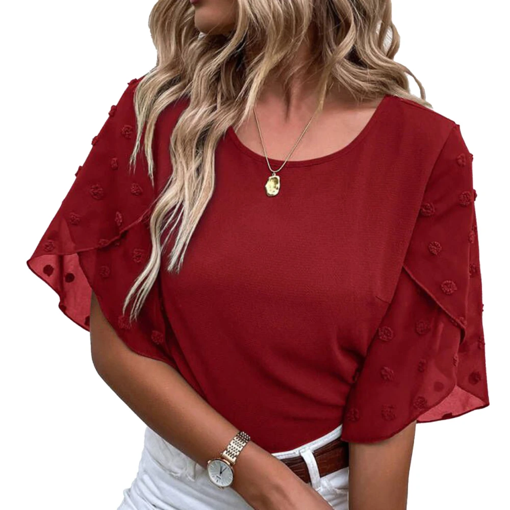 Women Round Neck Top Half Petal Sleeves Lace Stitching Loose Type Casual T Shirt for Summer Wine Red S