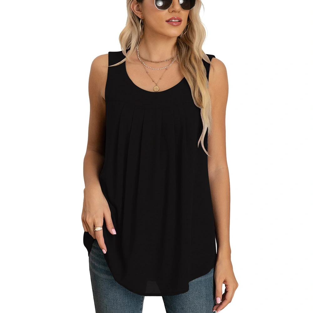 Women Chiffon Tank Top Round Collar Front Pleated Loose Fitting Irregular Hem Summer Sleeveless Vest Black XL