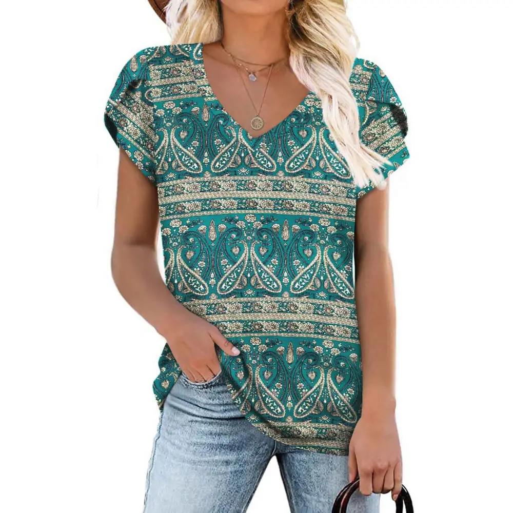 Women V Neck T Shirt Short Petal Sleeves Loose Fitting Printed Casual Blouses for Summer Green Printed L