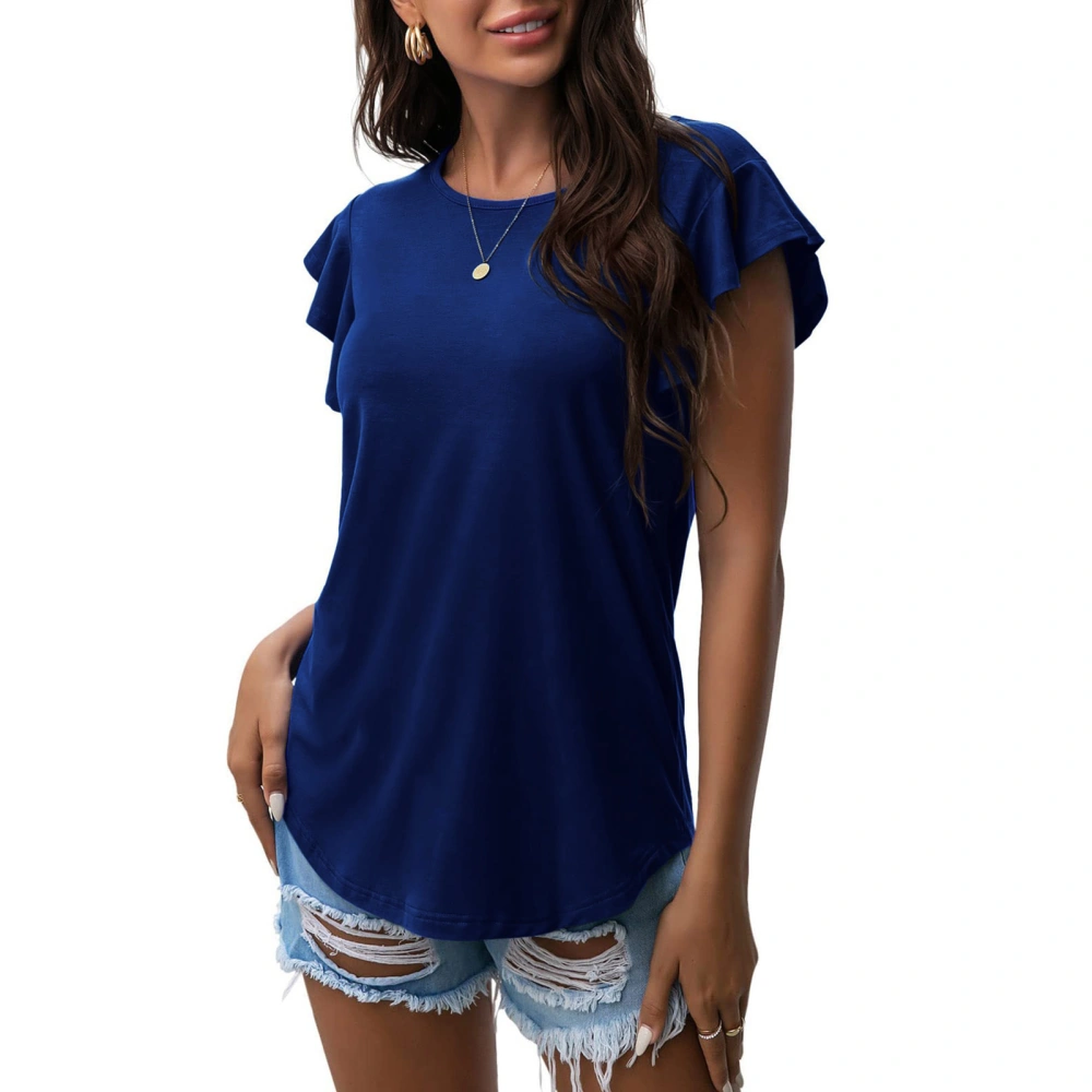 Women Ruffle Sleeve T Shirt Crew Neck Loose Fitting Pure Color Casual Blouse for Summer Blue L