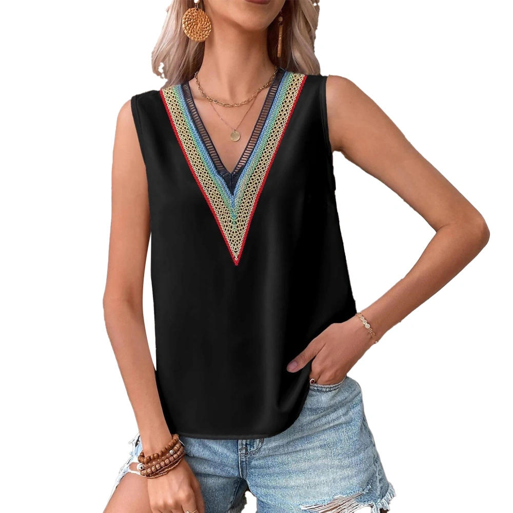 Women Sleeveless Tank Top V Neck Lace Skin Friendly Comfortable Casual for Shopping Office School Vacation Black M