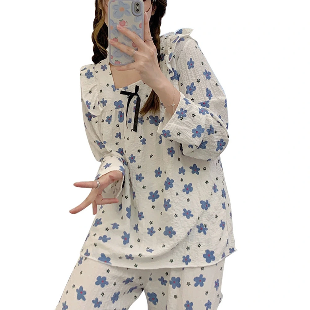 Women Housewear Set Cute Flower Print Cotton Square Neck Ruffled Lace Trim Two Piece Pajama Set White XL