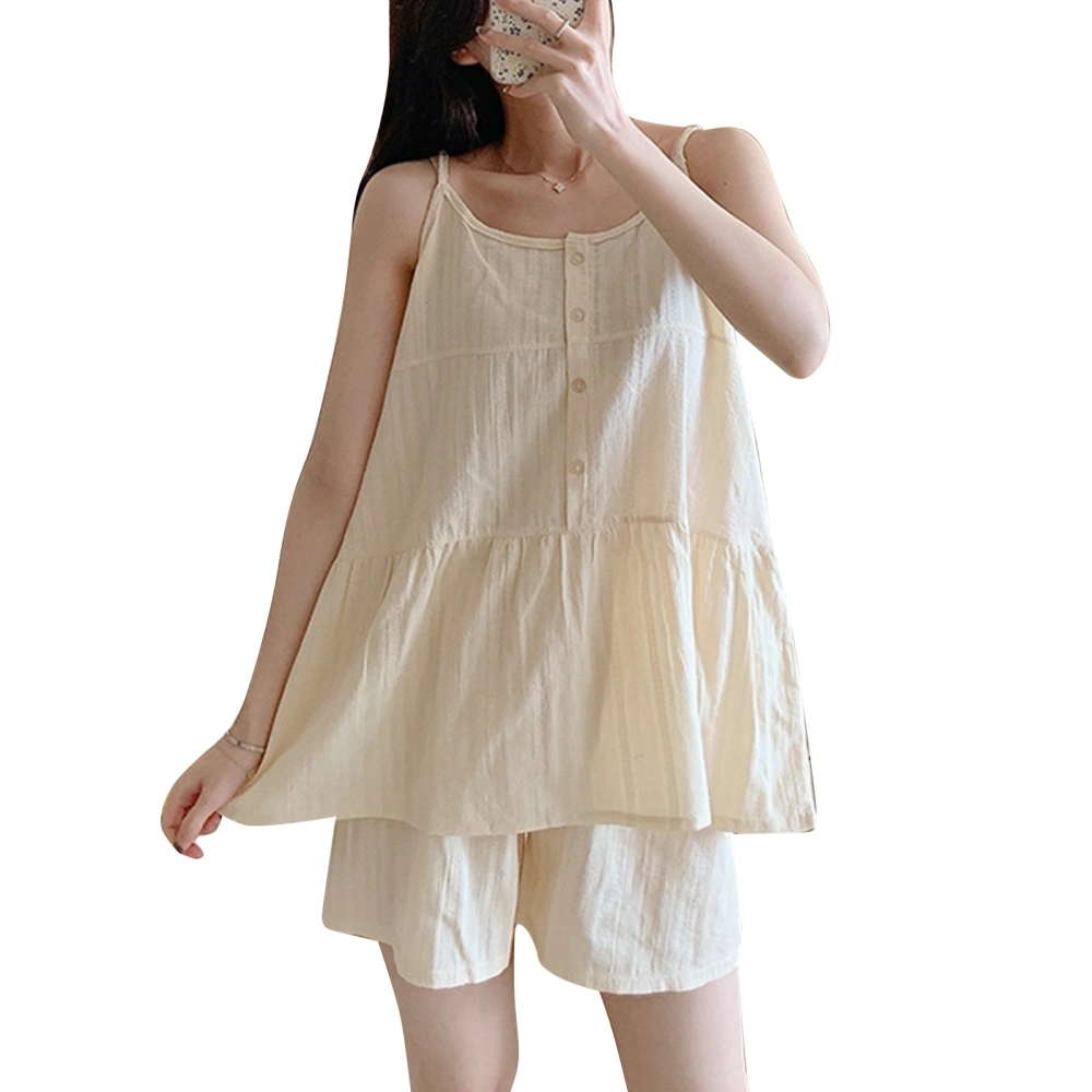 Women Camisole Pajama Set Summer Cute Loose Sleeveless Button Top Shorts 2 Piece Sleepwear Loungewear Beige XL for 121.3‑143.3lb