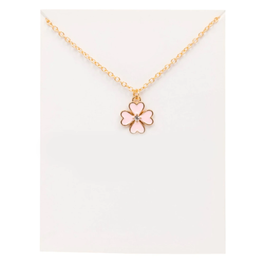 Women Necklace with Rhinestone Decor Lucky Leaf Pendant Decorative Necklace Neck Jewelry Pink