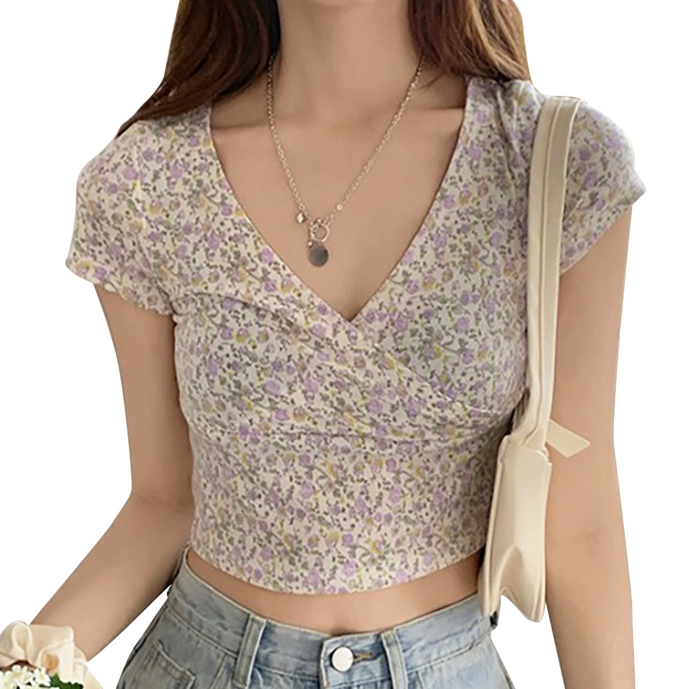 Women Floral T Shirt Short Sleeve High Waist Slim V Neck Top for Summer Vacation Purple Flower On White L