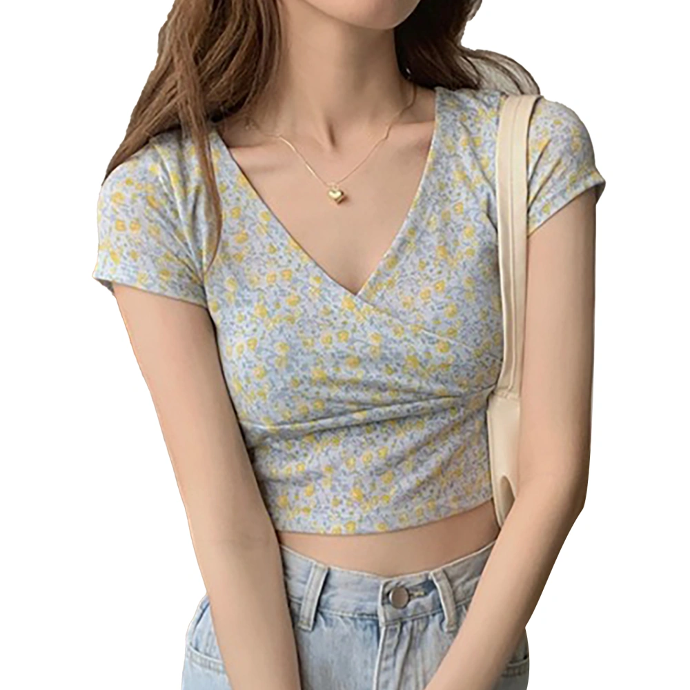 Women Floral T Shirt Short Sleeve High Waist Slim V Neck Top for Summer Vacation Yellow Flower On Blue L