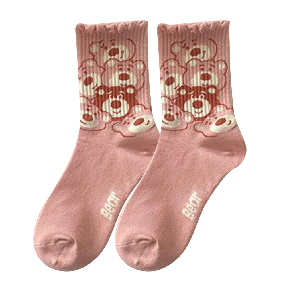 1 Pair Women Bear Socks Cartoon Sweet Cute Print Girls Preppy Style Polyester Medium High Pink Type 6