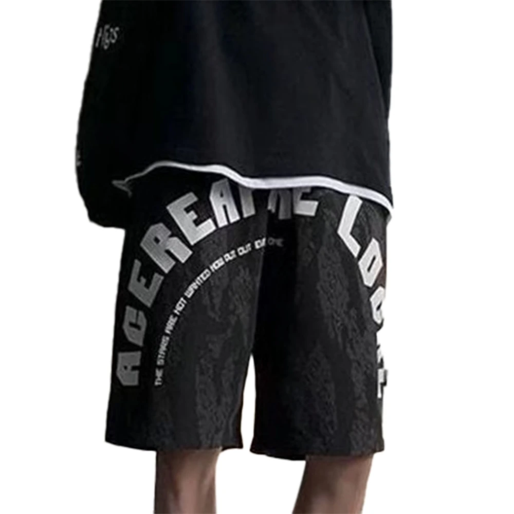 Men Loose Fit Shorts Wide Leg Letter Printed Elastic Drawstring Waist Sweat Wicking Summer Athletic Shorts Gray XL