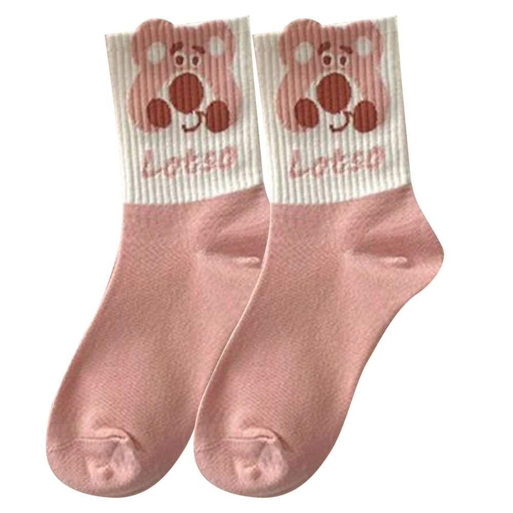 1 Pair Women Bear Socks Cartoon Sweet Cute Print Girls Preppy Style Polyester Medium High Pink Type 4