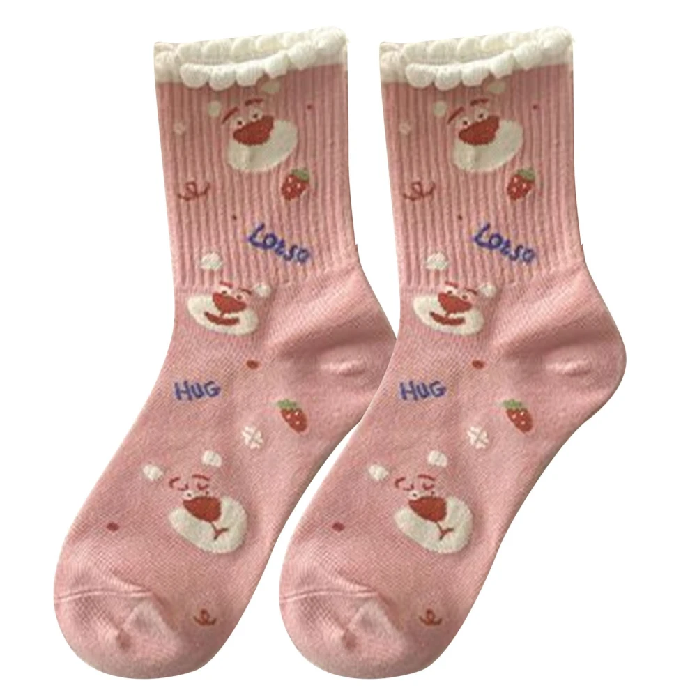 1 Pair Women Bear Socks Cartoon Sweet Cute Print Girls Preppy Style Polyester Medium High Pink Type 3