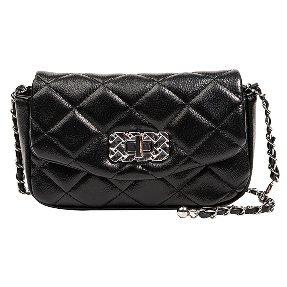 Women Chain Bag Single Shoulder Bag with Snap Quilted Texture Rhombic Check Fashionable Bag Black Free Size