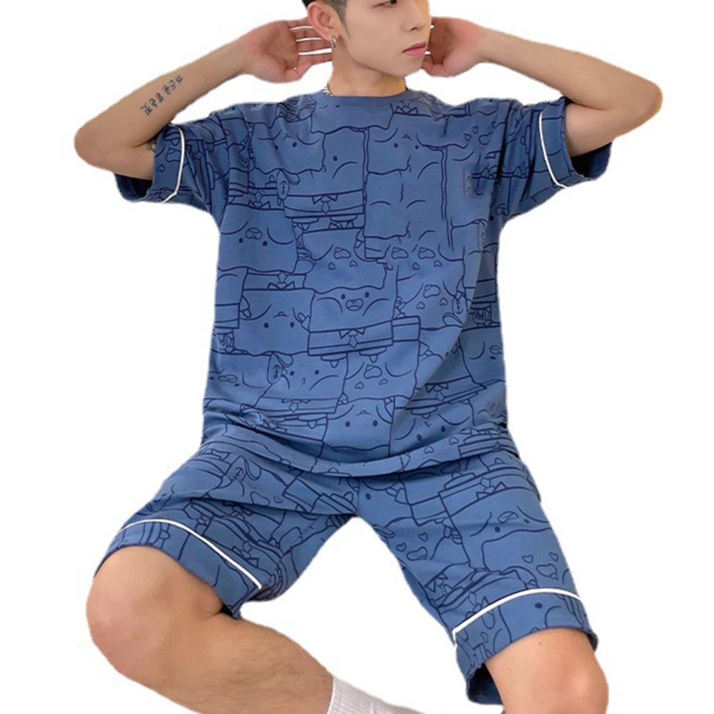 Men Pajamas Set Blue Cute Cartoon Image Print Short Sleeve Top with Shorts Lightweight Sleepwear Set for Summer CKE-K61800B XXL