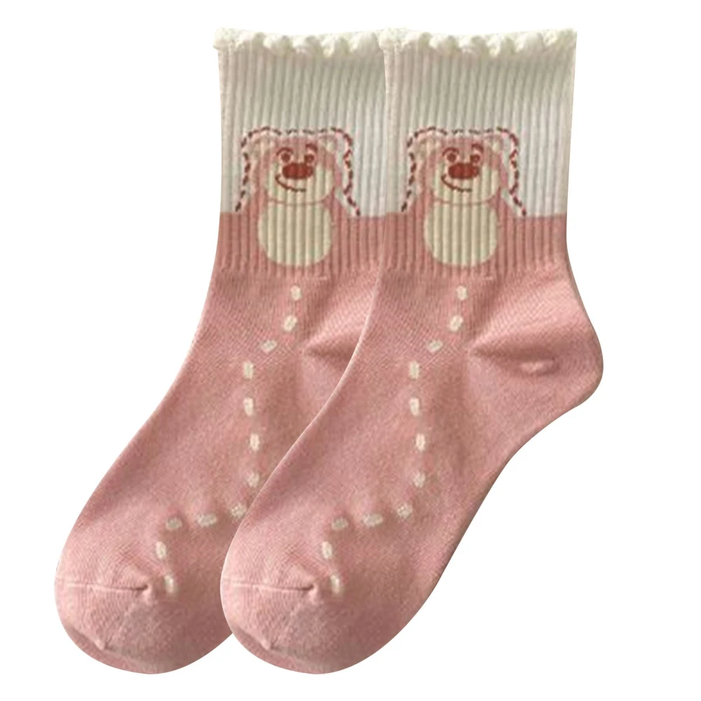 1 Pair Women Bear Socks Cartoon Sweet Cute Print Girls Preppy Style Polyester Medium High Pink Type 1