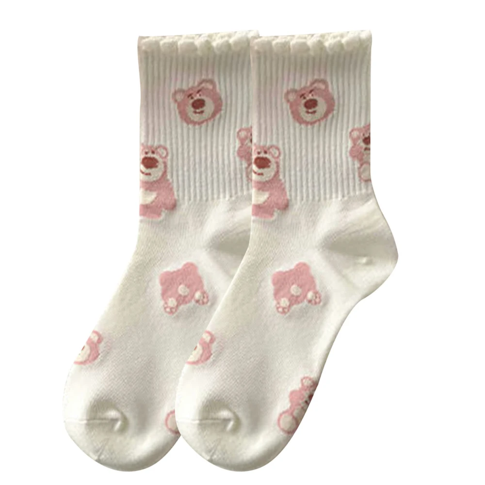 1 Pair Women Bear Socks Cartoon Sweet Cute Print Girls Preppy Style Polyester Medium High Pink Type 7