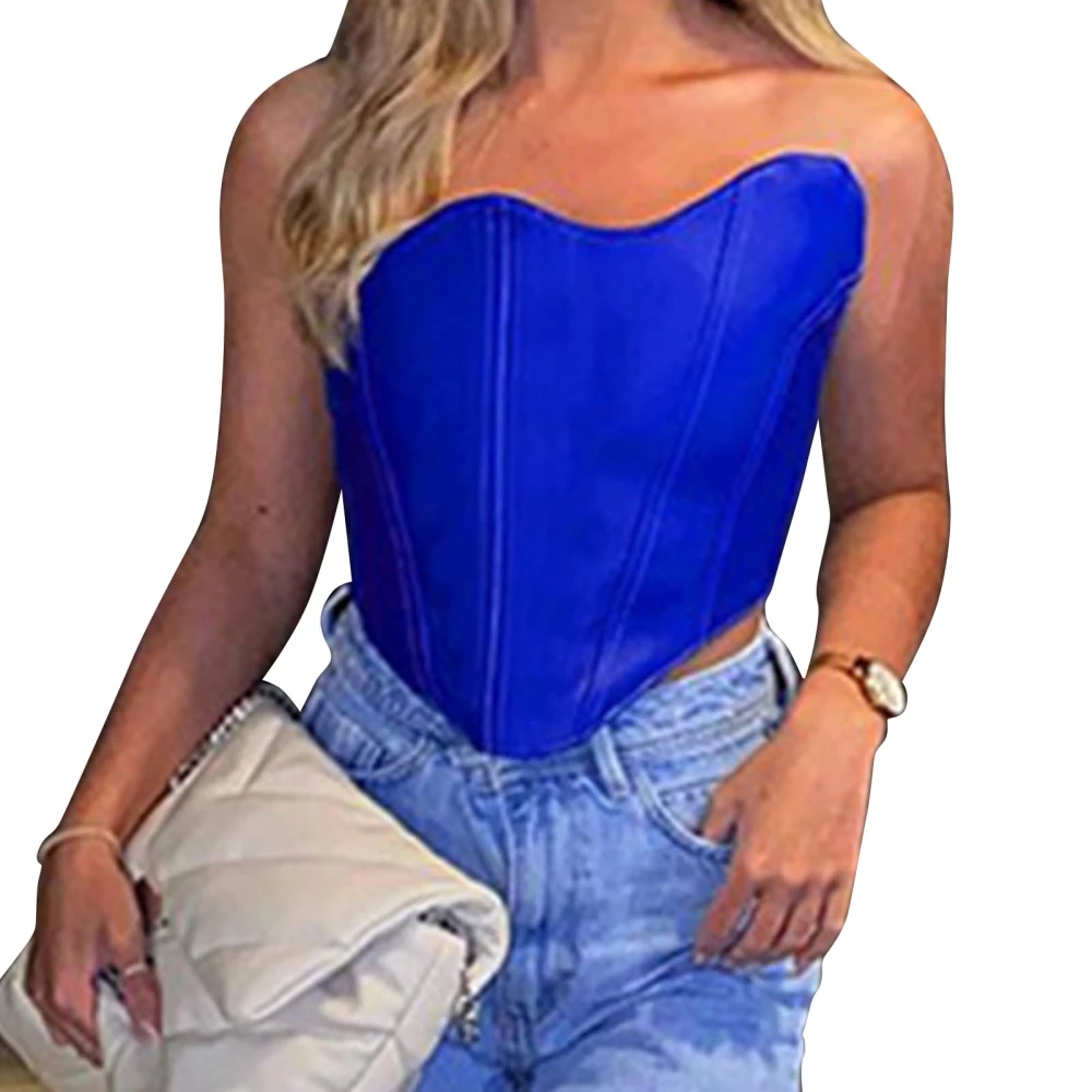 Women Irregular Strapless Top Sleeveless Zipper Closure Summer Blouse for Daily Wear Blue L