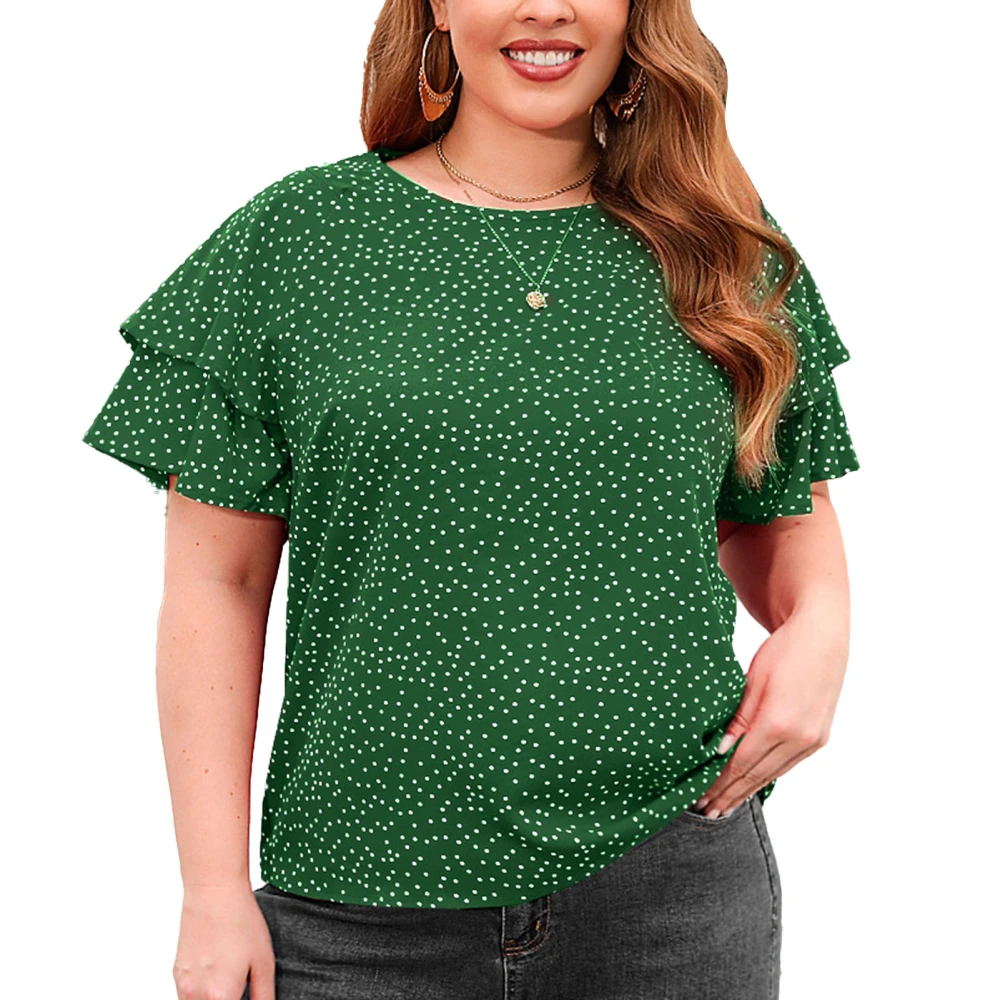 Women Plus Size Top Round Neck Loose Casual Dot Printing Double Ruffled Sleeve T Shirt for Female Green 2XL