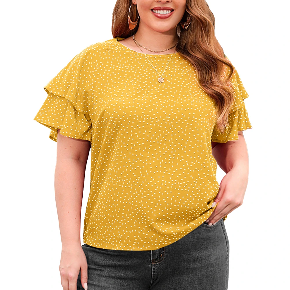 Women Plus Size Top Round Neck Loose Casual Dot Printing Double Ruffled Sleeve T Shirt for Female Yellow 3XL