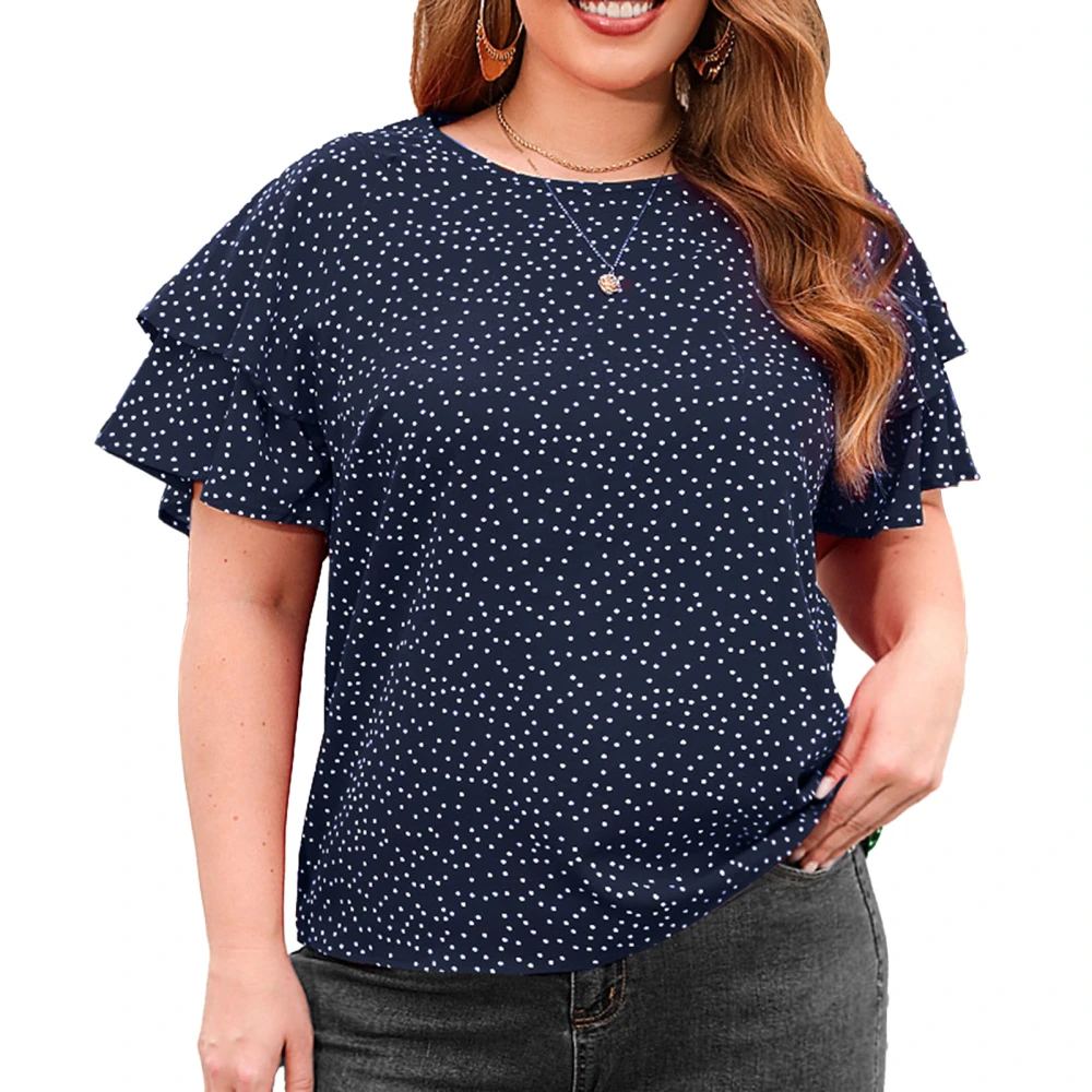 Women Plus Size Top Round Neck Loose Casual Dot Printing Double Ruffled Sleeve T Shirt for Female Blue 2XL