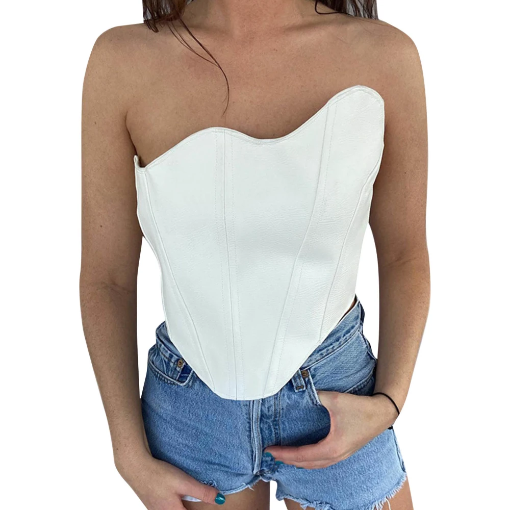 Women Irregular Strapless Top Sleeveless Zipper Closure Summer Blouse for Daily Wear White M