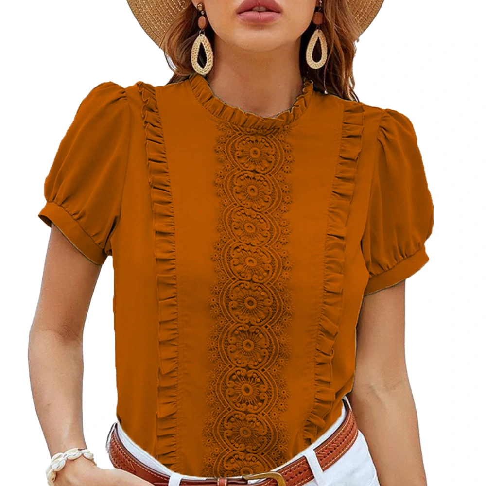 Women Short Sleeve Top Pleated Ruffle Front Frill Trim Neck Pure Color Stylish Women Shirt Top for Daily Party Dating Khaki L