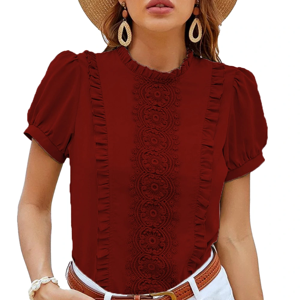 Women Short Sleeve Top Pleated Ruffle Front Frill Trim Neck Pure Color Stylish Women Shirt Top for Daily Party Dating Wine Red L